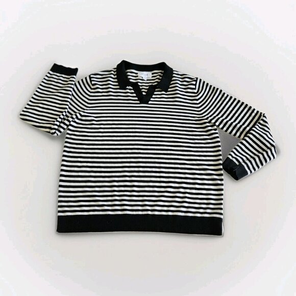 Hudson North Sweater Women XL Black White LS Collar V Neck Stripes Nautical Boho - Picture 1 of 14